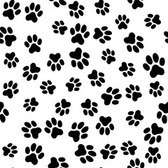 Cute cat or dog paw seamless pattern. Repeating cartoon black dog or cat on white background. - 776240531