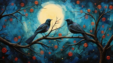 Two black starlings sitting on a tree branch. The background is a full moon in a blue sky with red dots. - obrazy, fototapety, plakaty