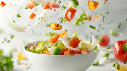 Fresh salad ingredients tossing into a bowl in motion, healthy eating concept. Vibrant vegetable salad preparation, perfect for culinary websites. AI