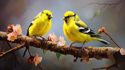 Fototapeta premium Two yellow siskins are sitting on a branch with pink flowers. The branch is brown, with several buds and green leaves. The background is a mixture of grays, blues and browns.