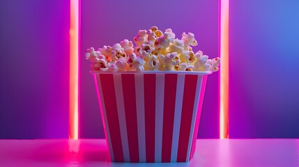Popcorn in red white striped bucket by neon violet light