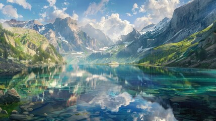 A tranquil lake nestled amidst towering mountains, its pristine surface reflecting the rugged peaks and vibrant sky, creating a breathtaking vista. - obrazy, fototapety, plakaty