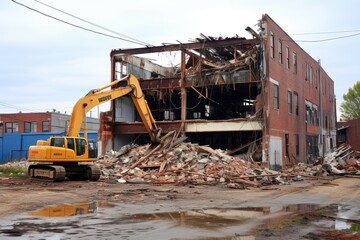 Fototapeta premium Construction residential new house, Old factory site being torn down for new construction, construction residential new house in progress at building site, Ai generated