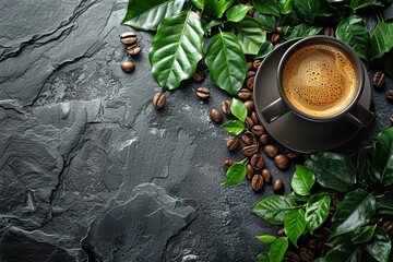Top view mockup a cup of coffee with coffee beans and leaves on the black stone.