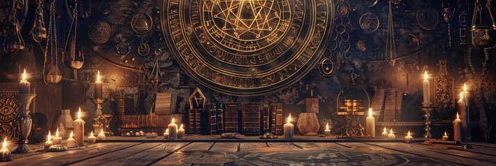 An occult 3D backdrop, featuring a labyrinth of esoteric symbols, ancient manuscripts, and alchemical tools, all bathed in a mysterious, dimly lit ambiance - obrazy, fototapety, plakaty