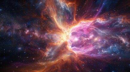 A surreal cosmic phenomenon known as a gamma-ray burst, where jets of high-energy radiation create a dazzling display of colors in the depths of space. - obrazy, fototapety, plakaty