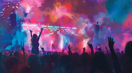 Fototapeta na wymiar Artistic Style Painting of An EDM Music Festival Concert EDC People Dancing at a Concert EDM Music Festival Aspect 16:9