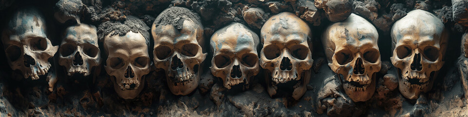 pile of human skulls in an ancient underground burial