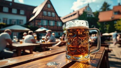 Beer on Wooden Table Biergarten Traditional Culture Beautiful Day. AI generated illustration