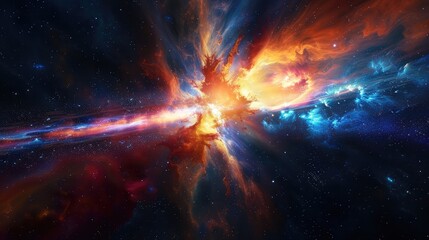 A surreal cosmic phenomenon known as a gamma-ray burst, where jets of high-energy radiation create a dazzling display of colors in the depths of space. - obrazy, fototapety, plakaty
