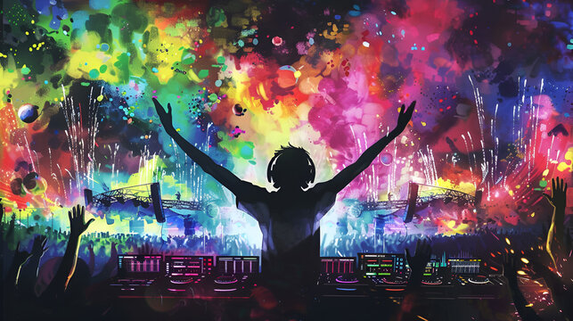 Artistic Style Painting of An EDM Music Festival Concert EDC People Dancing at a Concert EDM Music Festival Aspect 16:9