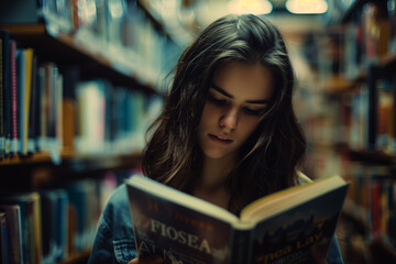 Young woman engrossed in reading a book at a library.