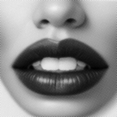 Women's lips in halftone texture black and white. Fashionable grunge style.