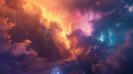 A surreal landscape featuring a colorful nebula illuminated by the light of nearby stars, with glowing clouds of gas and dust swirling in the void of space. - obrazy, fototapety, plakaty