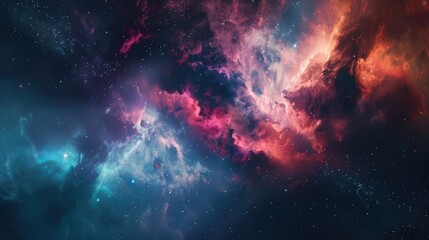 A surreal landscape featuring a colorful nebula illuminated by the light of nearby stars, with glowing clouds of gas and dust swirling in the void of space.