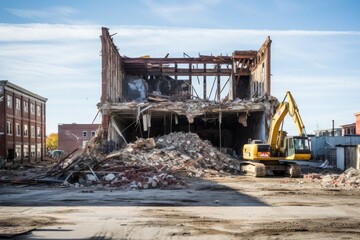 Fototapeta premium Construction residential new house, Old factory site being torn down for new construction, construction residential new house in progress at building site, Ai generated