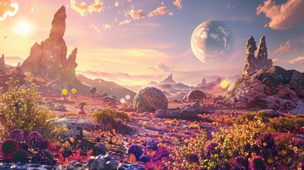 A surreal vista of an alien landscape bathed in the light of multiple suns, with colorful rock...