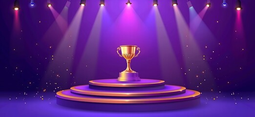 A purple background with a golden podium and shining lights for an awards ceremony vector presentation design template