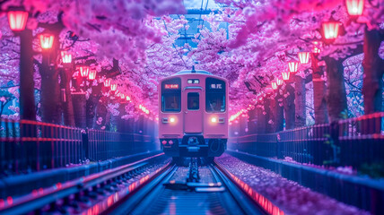 A train travels through a cherry blossom tunnel