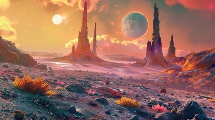 A surreal vista of an alien landscape bathed in the light of multiple suns, with colorful rock formations and exotic flora dotting the horizon. - obrazy, fototapety, plakaty