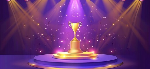 A purple background with a golden podium and shining lights for an awards ceremony vector presentation design template