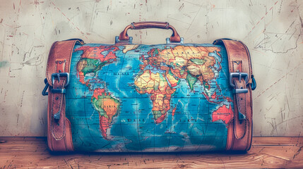 A travel bag with a world map