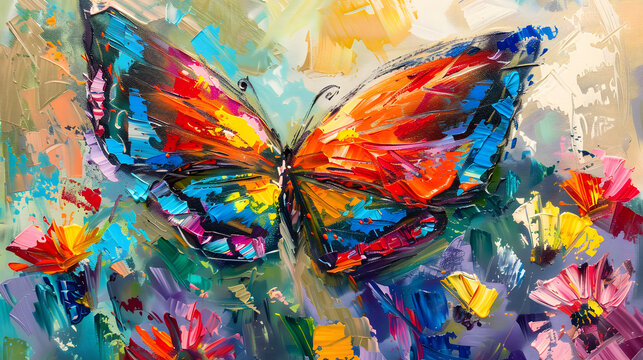 Colorful red blue yellow butterfly on bright flowers, fine oil paints