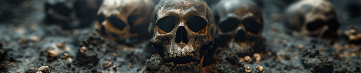 human skulls of skeletons in ground in underground cave in burial - obrazy, fototapety, plakaty