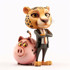 A cheetah character in a 3d suit next to a pink piggy bank.