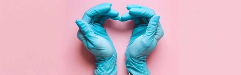 Two hands in teal surgical gloves forming a heart shape on pink background. Medical love concept. Perfect for healthcare themes. AI