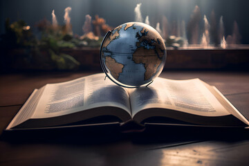 Globe and open book on wooden table. Global business concept.