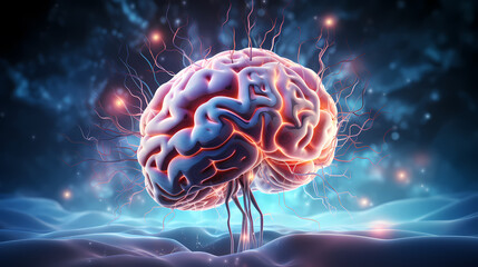 Obraz premium Human brain with multiple rays for medical mental health care background