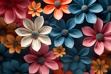 Seamless pattern with colorful flowers on dark background.  illustration.