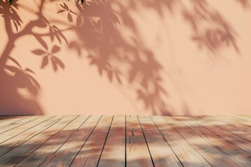 Empty wall with shadow from plants in peach pastel colors