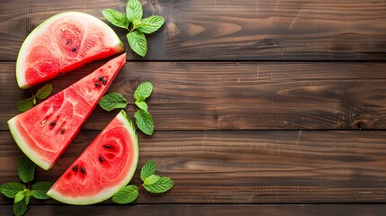 Sliced watermelon decorated with mint leaves on brown wooden background