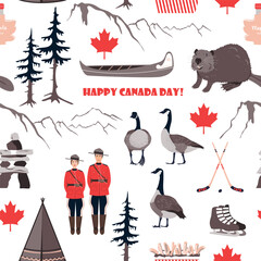 Happy National Day of Canada, seamless pattern with Canadian symbols. Beaver, goose, canoe, teepee, hockey, royal police, maple leaves and mountains. Vector background.