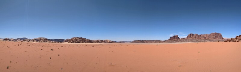 Wadi Rum desert panorama landscape view with sand dunes and rocky formations,Mountains terrain...