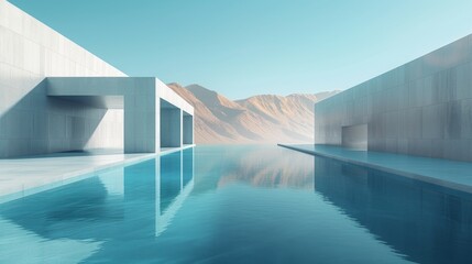 A minimalist landscape featuring a series of perfect geometric forms, casting long shadows over a serene desert and a motionless, glassy lake. - obrazy, fototapety, plakaty