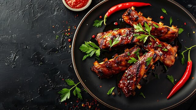 Spicy hot grilled spare ribs on plate over black stone background