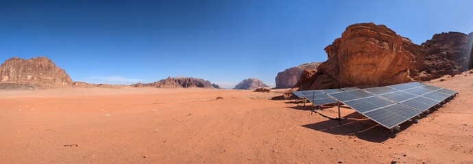 Wadi Rum desert panorama landscape view with sand dunes and rocky formations,Mountains terrain...