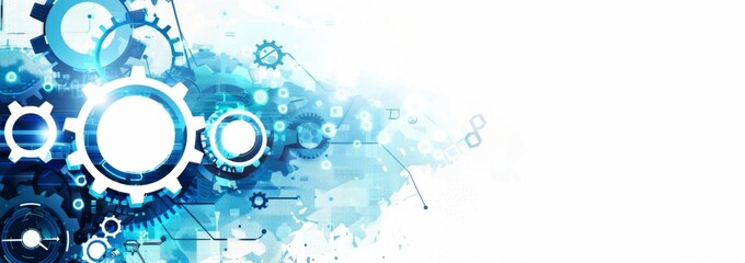 Abstract technology background with gears and digital elements, using a blue color scheme, white space in the center for text or message Generative AI