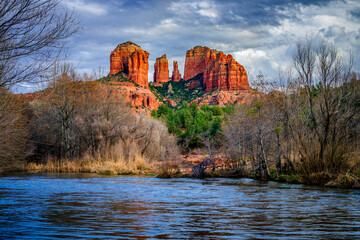 Cathedral Rock at dusk in winter from Crescent Moon Park in Sedona Arizona