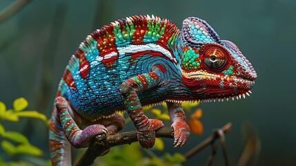 Chameleon with vibrant colors and a distinctive crest on its head.