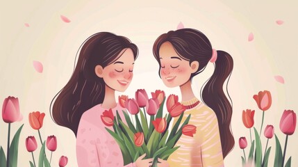 little daughter congratulates mom and gives her flowers and tulips mother's day concept generative ai