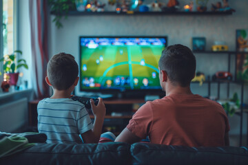 A man and a boy are playing a video game together. The boy is holding a controller and the man is watching him - obrazy, fototapety, plakaty