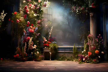 Wedding arch decorated with flowers in a dark room. Wedding decoration