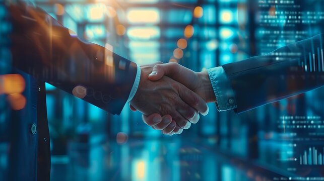 Modern business handshake in a digital data center. Corporate partnership and technology. Professional businesspeople sealing a deal. Contemporary office environment. AI