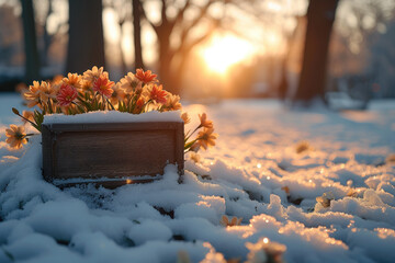 View of the spring flowers in snowy park. New fresh narcissists blossom in beautiful morning with sunlight