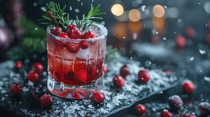 Winter alcoholic cocktail with red cranberry berries liquor gin rosemary and vodka for Christmas