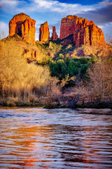 Cathedral Rock reflected in Oak Creek at dusk from Crescent Moon Park in Sedona Arizona - 776246198